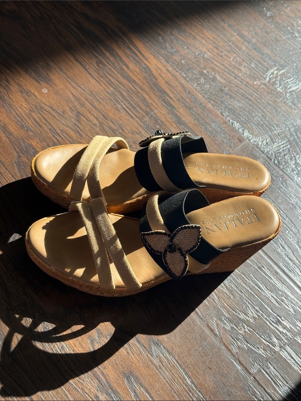 Italian Shoemakers Black and Tan Slide Sandals with Butterfly Detail